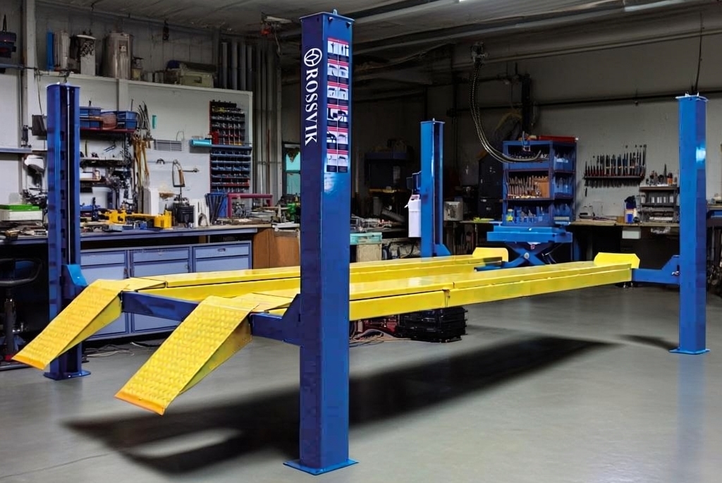 Четырёхстоечный автомобильный подъёмник в мастерской