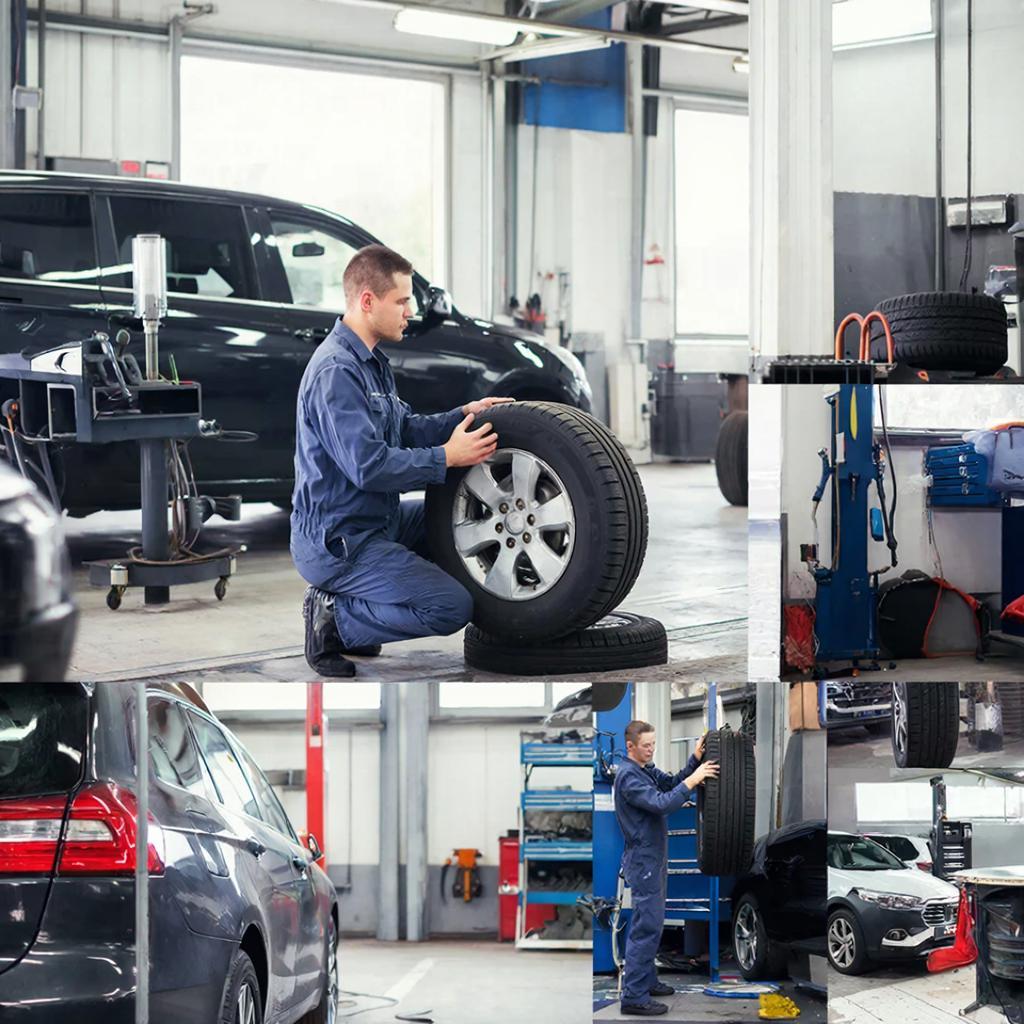 Авто. механик чинит колесо