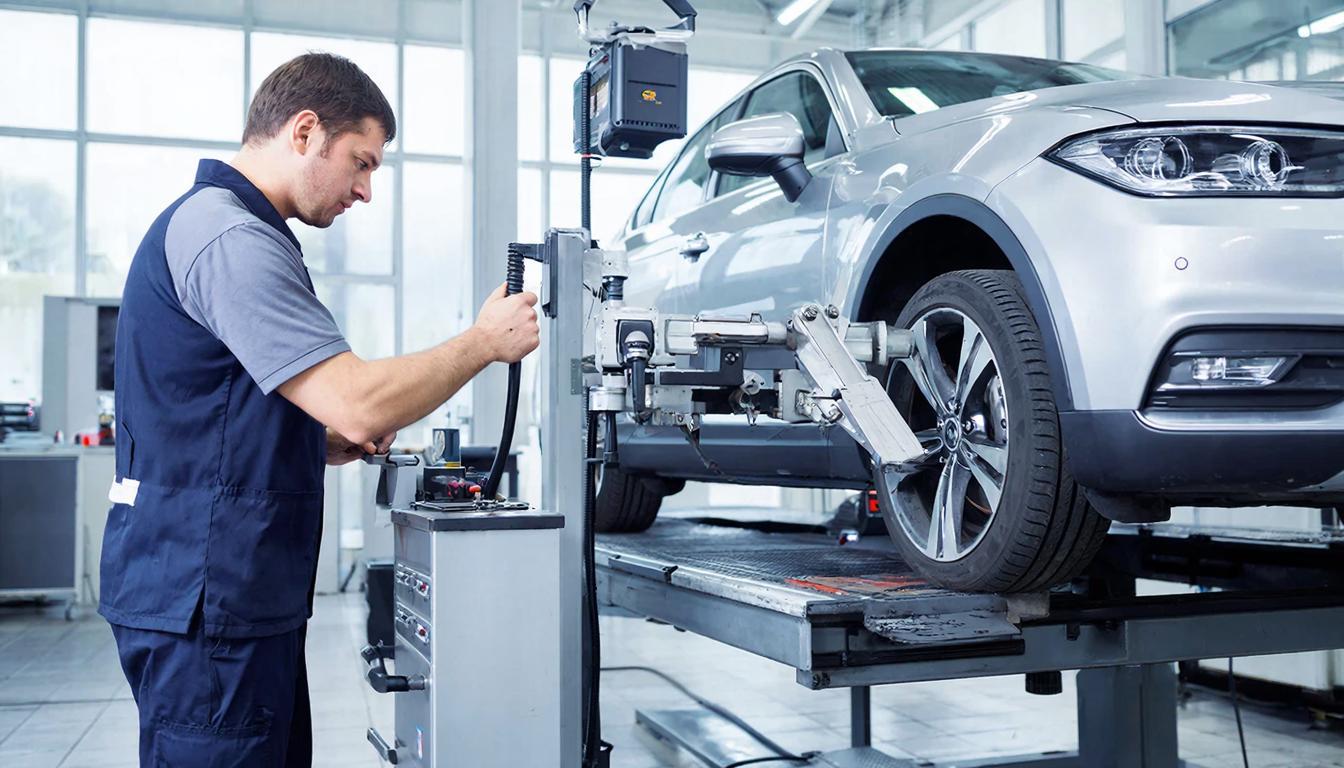 Механик проверяет углы колёс