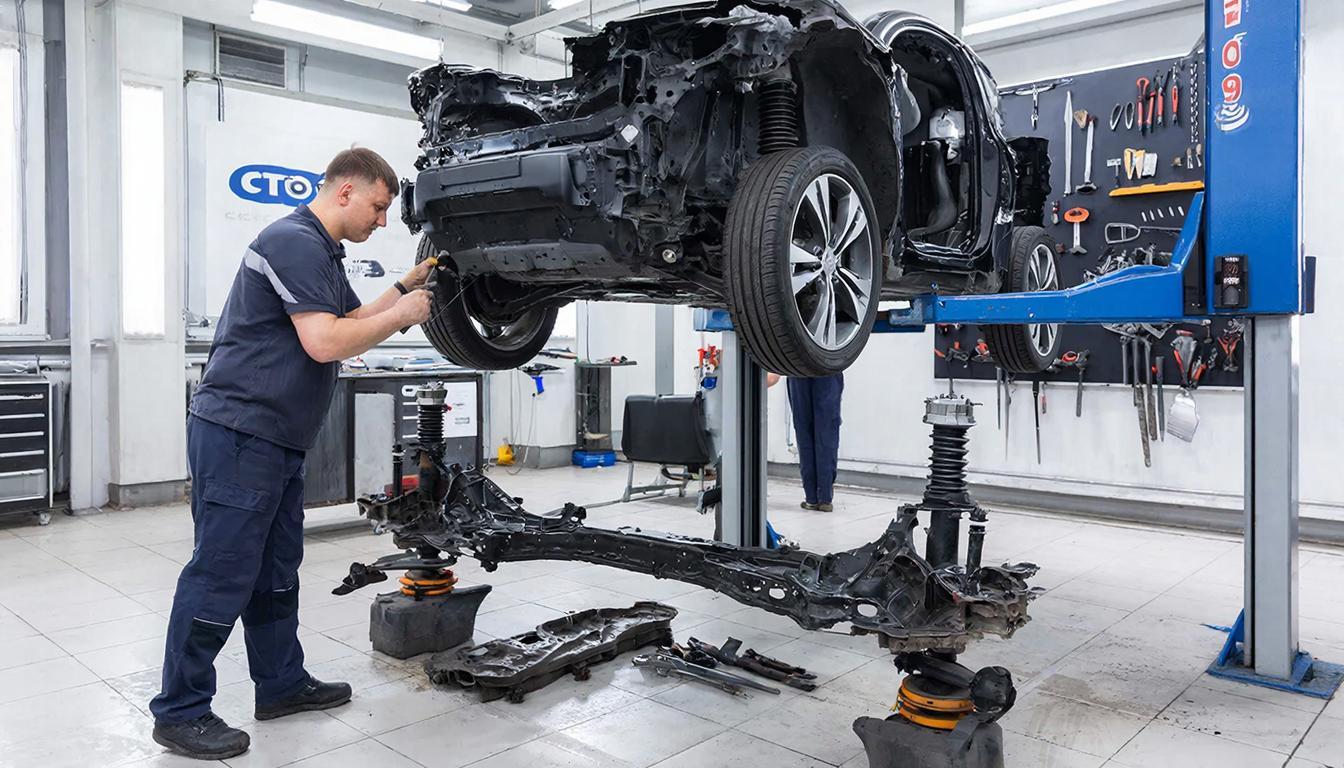 Автомеханик ремонтирует переднюю подвеску автомобиля