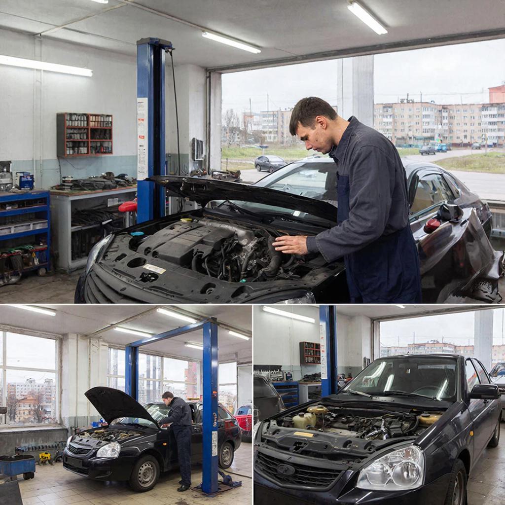 Автомеханник проводит техническое обслуживание автомобиля