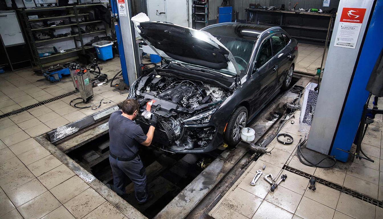 Автомеханик меняет жидкости в автомобиле