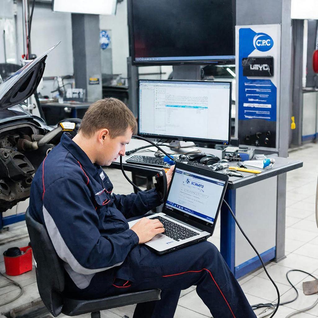 мастер проводит компьютерную диагностику автомобиля