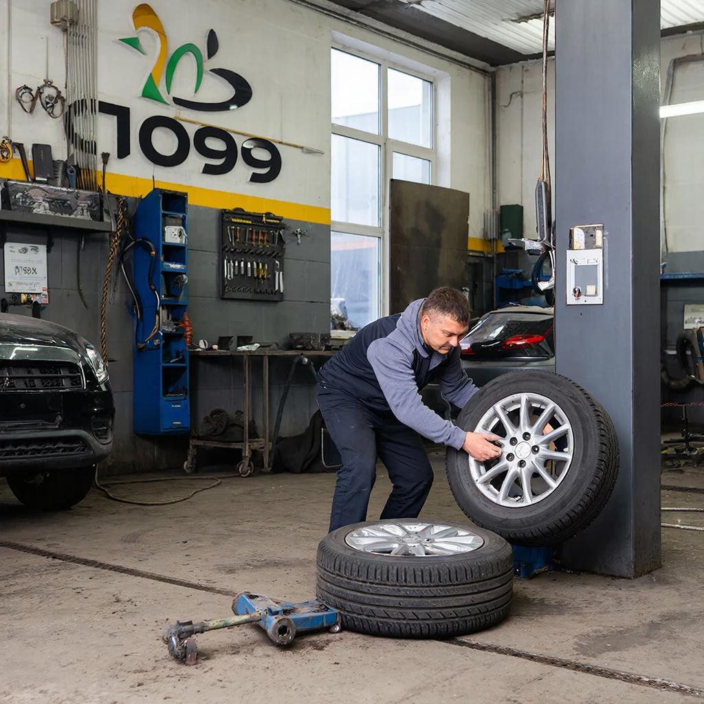 Мастер меняет сезонные шины автомобиля