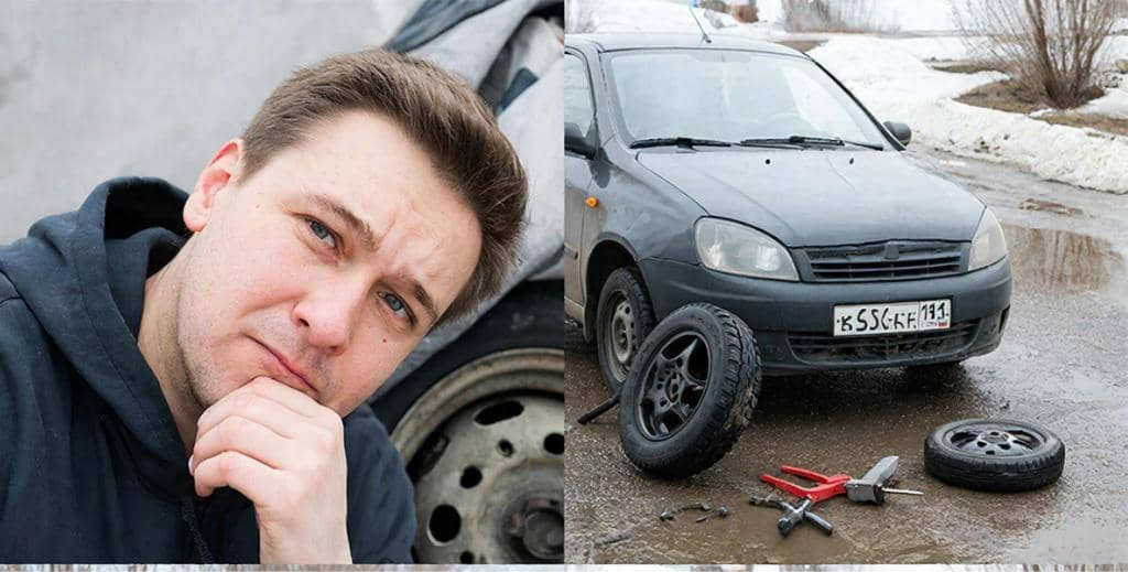 Коллаж о смене колёс на машине после зимы