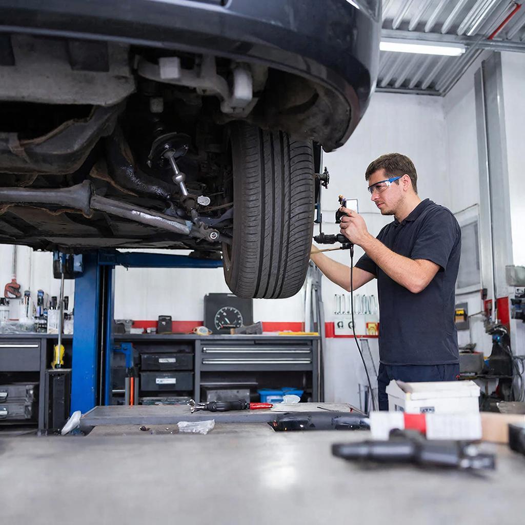 Мастер на СТО99 регулирует развал- схождение автомобиля