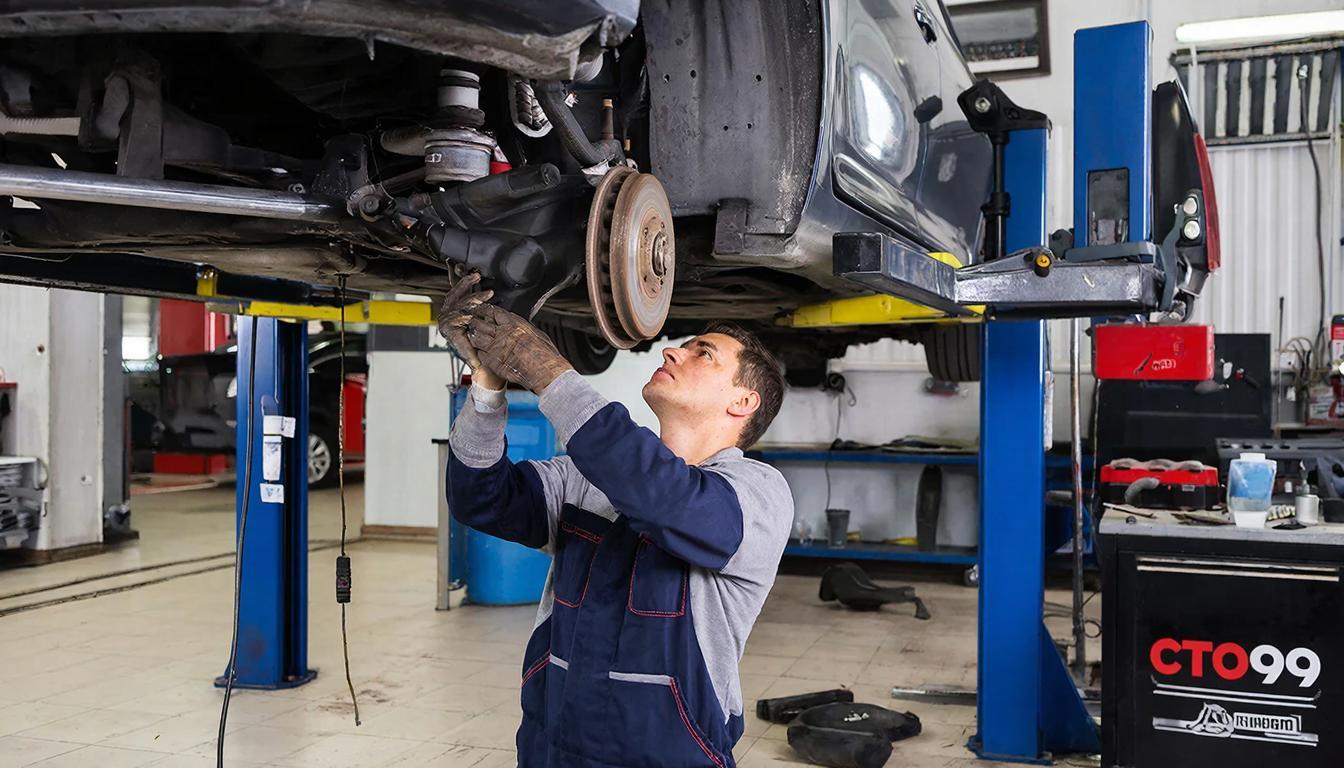 Механик проводит техобслуживание тормозной системы автомобиля