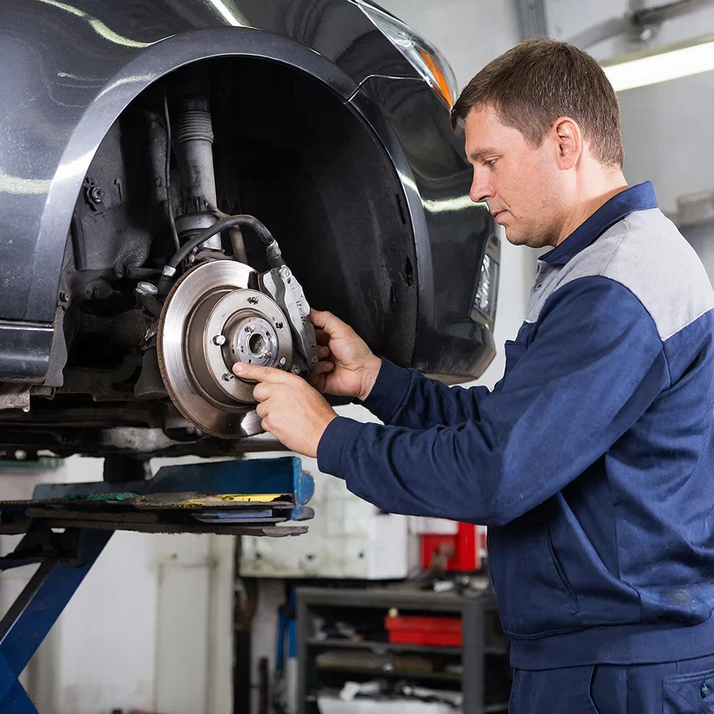 Мастер на СТО99 регулирует развал- схождение автомобиля