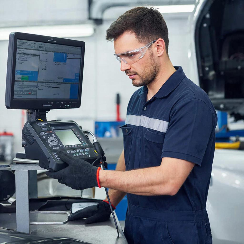 Мастер на СТО99 диагностирует автомобиль